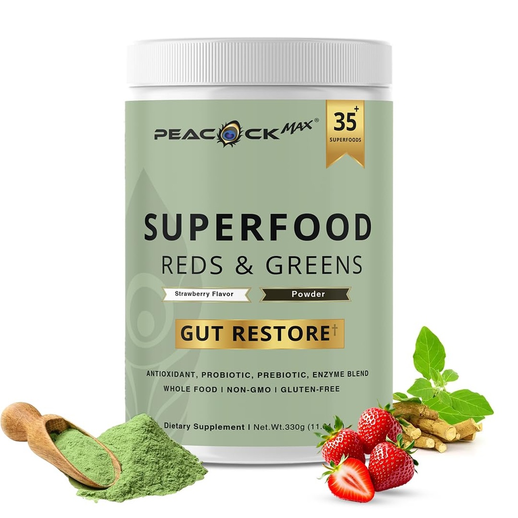 Superfood Reds & Greens Toz - 11.64 oz, Digestive Health için Prebiyotikler ve Probiyotikler, Super Greens Toz Gut Health, Immunity, Antioksis, Vegan, Non-GMOS
