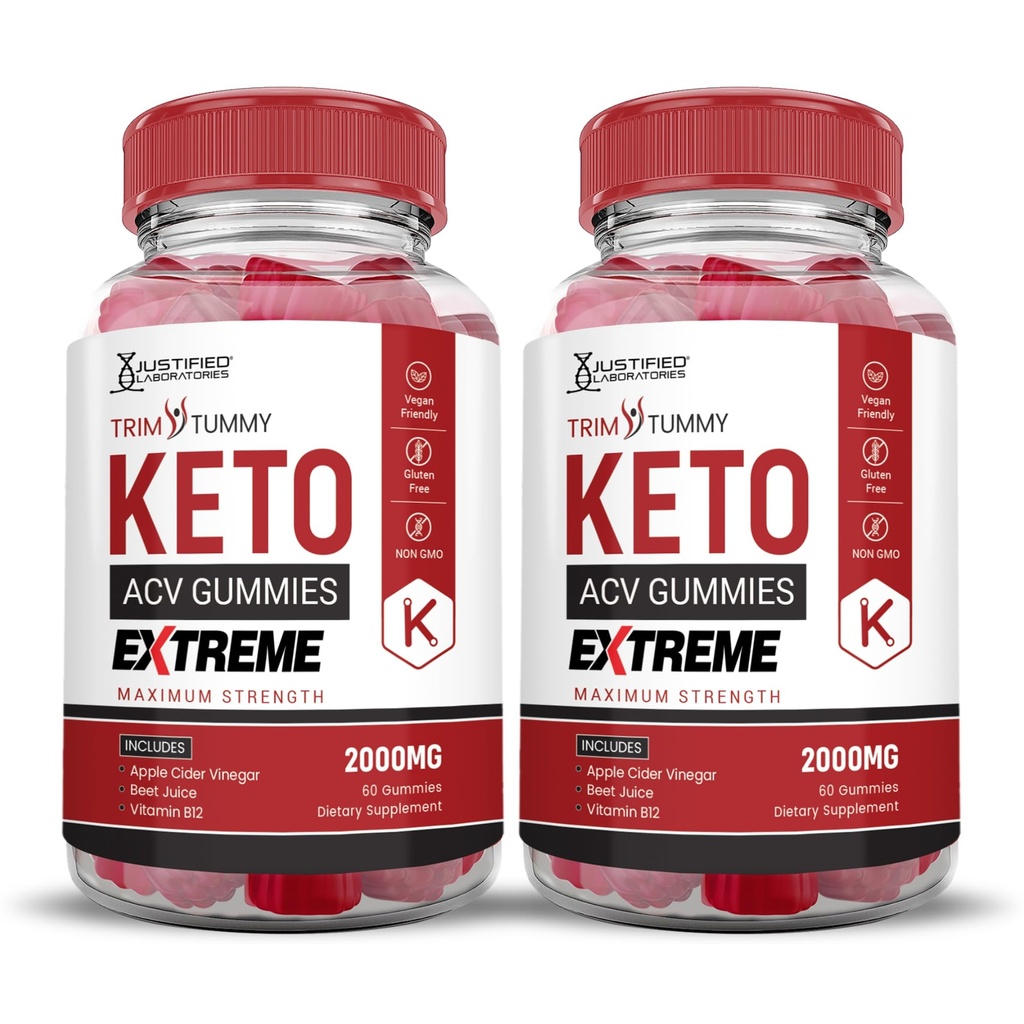 Justified Laboratories (2 Pack Trim Tummy Keto ACV Gummies Extreme 2000MG Trim Tummy Keto Gummies Apple Cider Vinegar Formed with Pomegranate Beet Juice Powder B12 Vegan Non GMO 120 Gummys