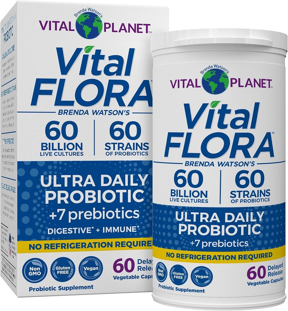 Vital Planet - Vital Flora Ultra Daily Probiyotik 60 Milyar CFU, 60 Diverse Strains, 7 Organik Prebiyotik, Immune Support, Digestive Health Raf Stable Probiyotiks for Women and Men 60 Capsules