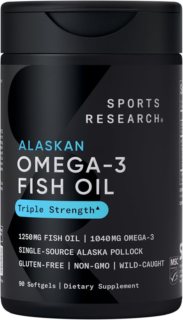 Αθλητική Έρευνα Τριπλή Δύναμη Ωμέγα 3 Fish Oil - Burpless Fish Oil Supplement w/EPA & DHA Λιπαρά Οξέα από Ενιαία Πηγή Άγρια Αλάσκα Pollock - 1250 mg, 90 ct