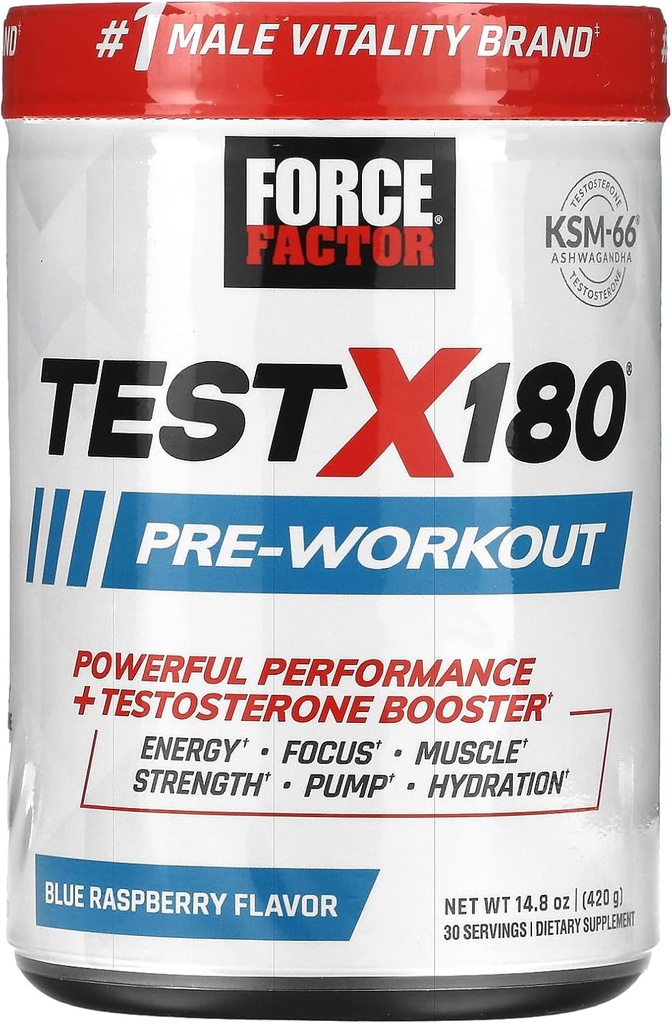 FORCE FACTOR Test X180 πριν την προπόνηση σκόνη & συμπλήρωμα ενέργειας, Boost Focus & Endurance, Build Muscle & Strength, Nitric Oxide συμπλήρωμα με Ashwagandaha & L-Citrulline, Blue Raspberry, 30 εξυπηρετούν