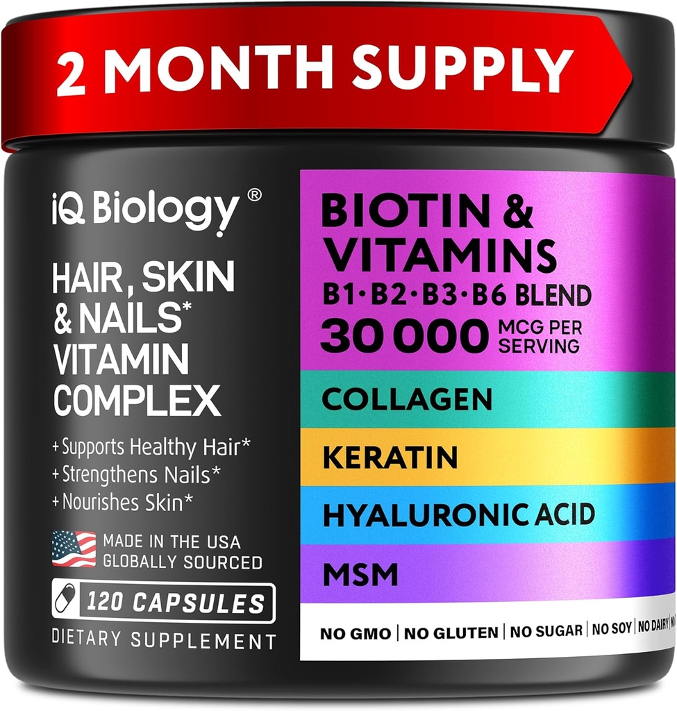 Keratin, Collagen Kompleksi 30000 mcg - Saç Kaybı ve Güçlü Kalınlık için Kapsüller - Skin & Nails Vitaminleri, Biotin 10000 Artılar ve Collagen Supplements - 120 Pills