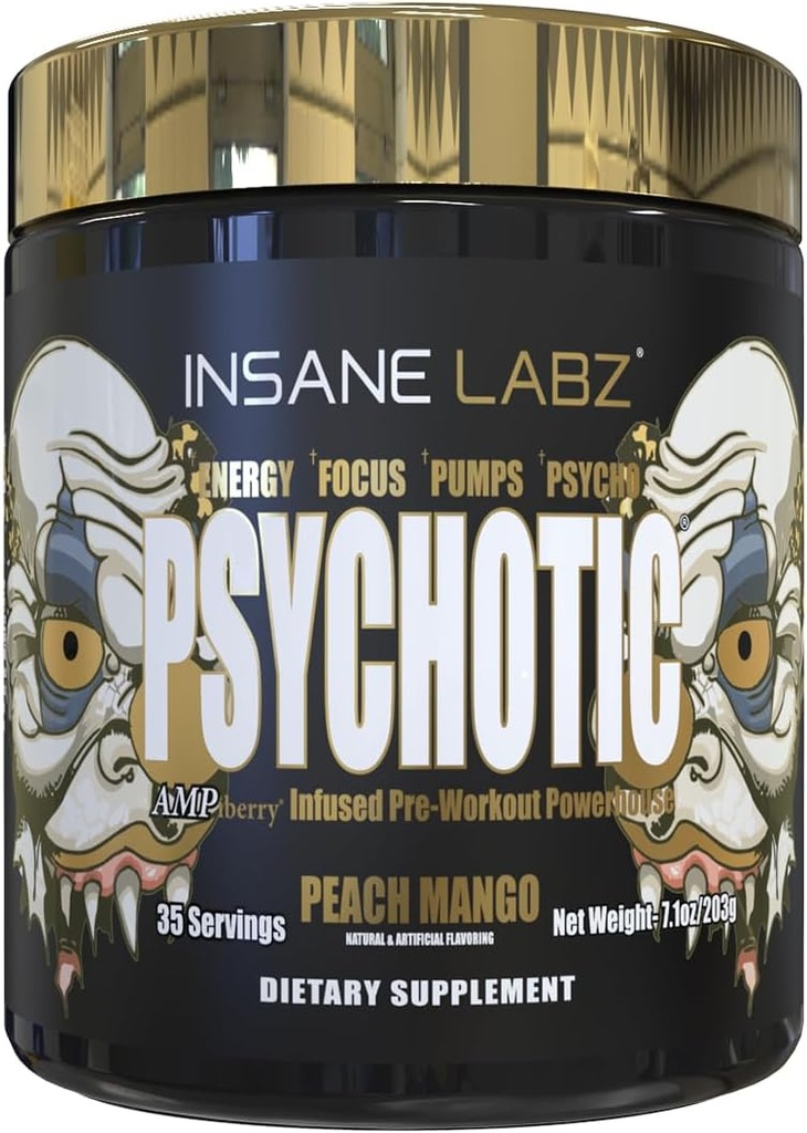 Insan Labz Psychotic Gold, High Stimulant Pre Workout Toz, Extreme Lasting Energy, Pumps and Endurance with Beta Alanine, DMAE Bitartrate, NO Branson (35 Hizmet, Peach Mango)