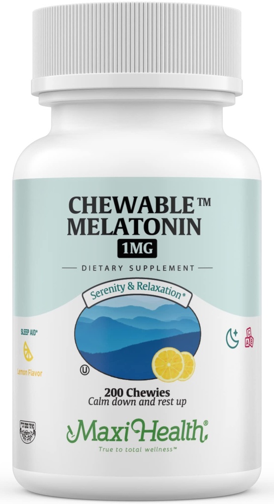 Maxi Health Chewable Melatonin, Kosher Lemon Flavor, Melatonin for Yetişkinler & Çocuklar, Yetişkinler ve Çocuklar için Doğal Yardım, Melatonin Chewables Alternative to Melatonin Gummies Kids Dose, (200 Count)