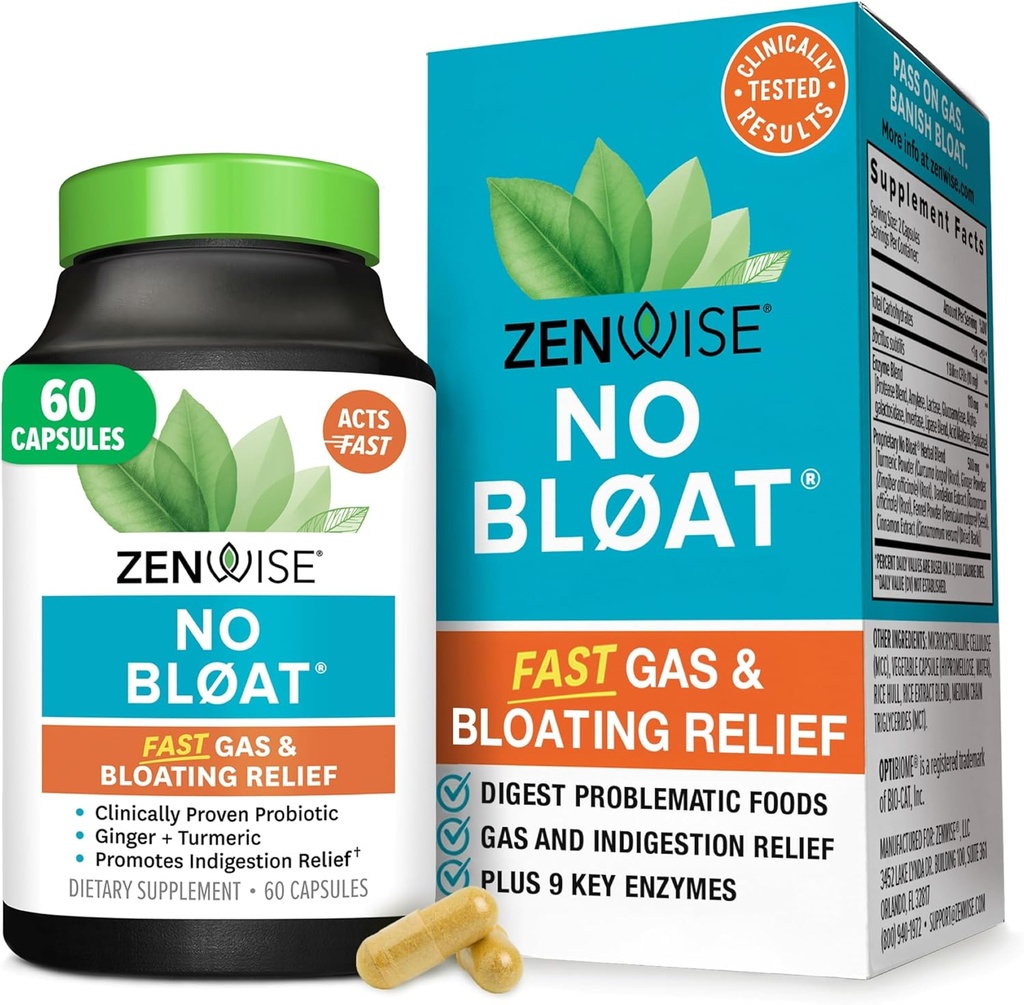 Zenwise Health No Bloat Digestive Enzymes for Gut Health, Gas & Bloating Relief - Multi Enzymes Digestion Supplement with Probiyotiks, Ginger, Turmeric Dandelion & Lactase - Men & Women - 60 Count
