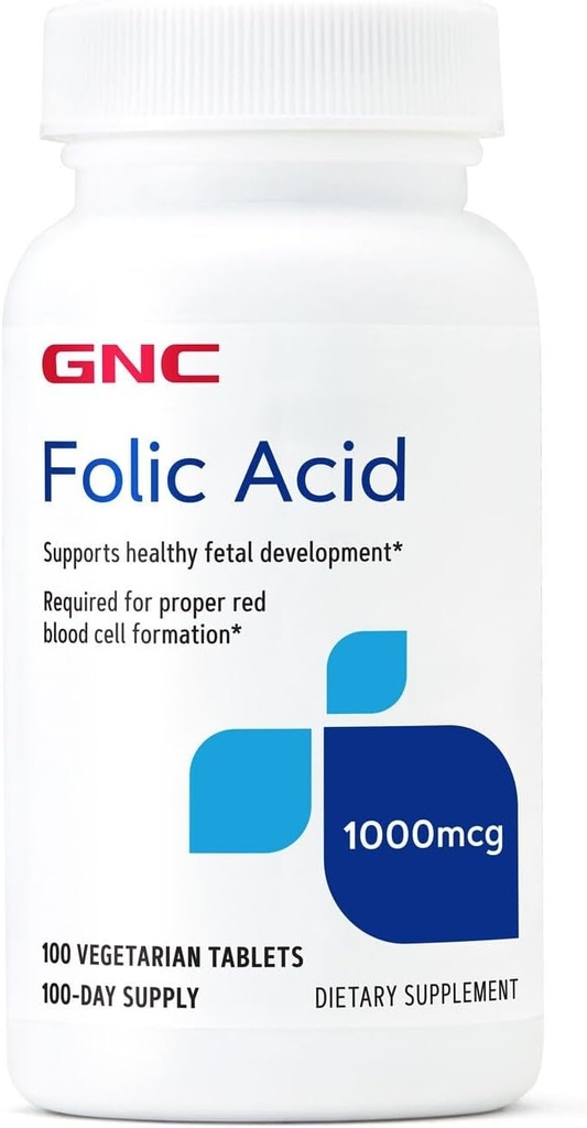 GNC Folic Acid 1000mcg, Υποστηρίζει υγιή ανάπτυξη του εμβρύου, που απαιτείται για την κατάλληλη σχηματισμό ερυθρών κυττάρων αίματος, χορτοφαγική φόρμουλα, 100 κόμης
