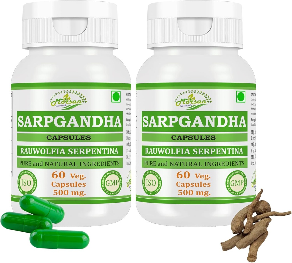 Morsan Nutraveda’s Rauwolfia Serpentina (Sarpgandha, Sarpagandha) Extract Capsules | Highest Potency, 100% Herbal Product | Pack of 60 X 500 mg. Veg. Capsules (Pack of 2 Jar)