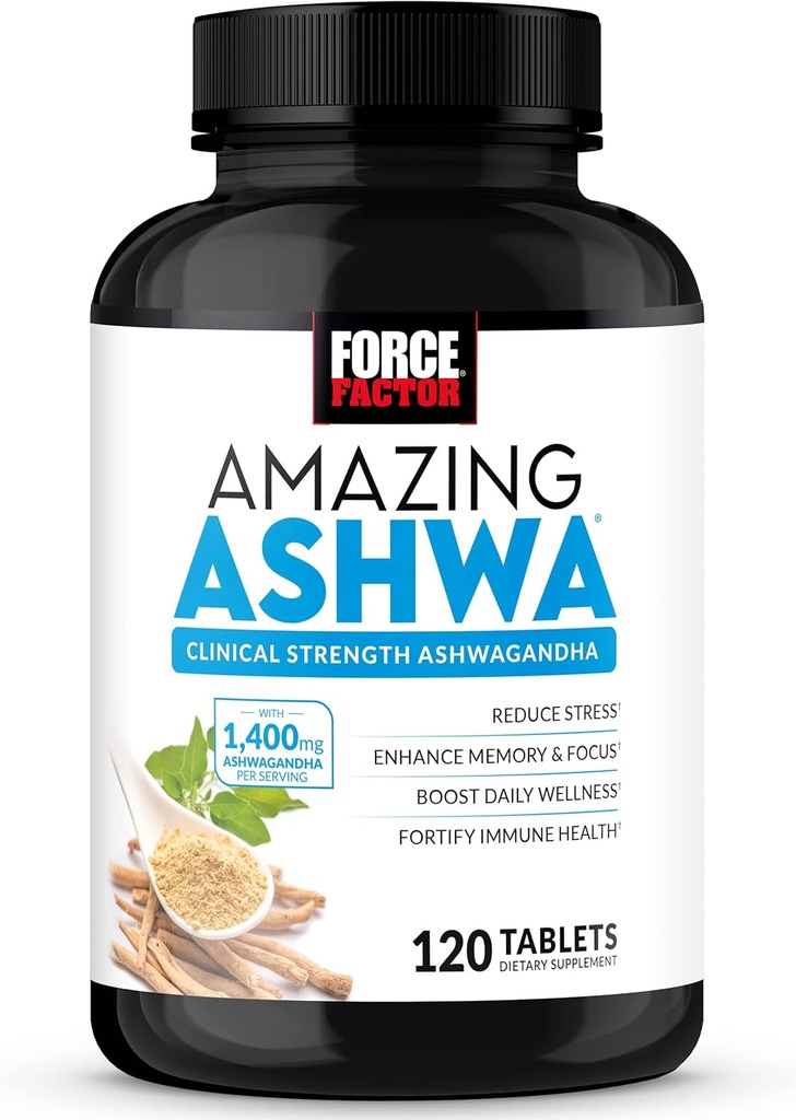 FORCE FACTOR Amazing Ashwa, KSM- 66 Ashwagandha συμπλήρωμα για το στρες ανακούφιση, εστίαση, μνήμη, ανοσοποιητική υποστήριξη, με βιταμίνες, ορυκτά & αντιοξειδωτικά, συμπληρώματα κορτιζόλης για γυναίκες, 120 δισκία