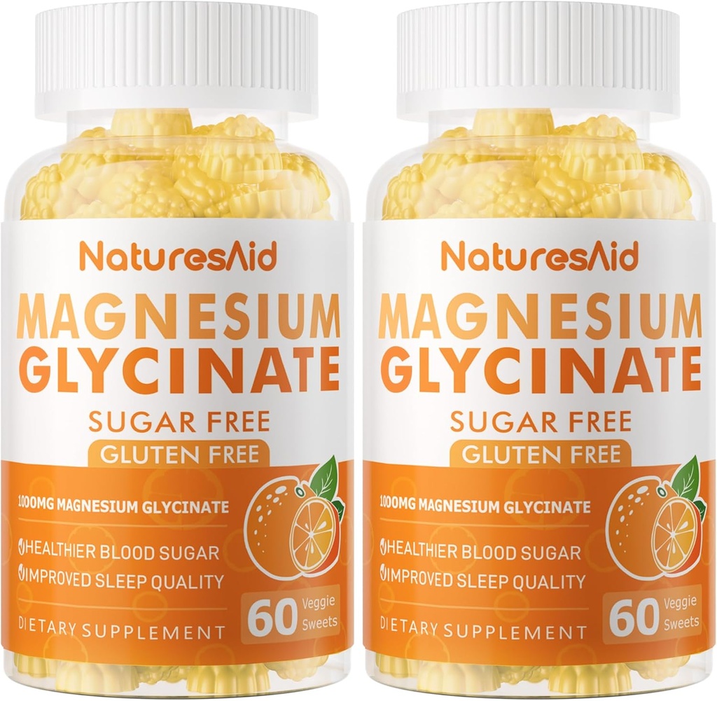 Magnezyum Glycinate Gummies 1000 mg - Sugar Free Magnezyum Pids Supplement with Vitamin D, B6, CoQ10 for Calm Mood & Sleep Support - 120 Orange Gummies -2 Pack