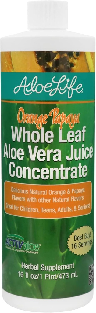 Aloe Life - Whole Leaf Aloe Vera Juic, Sertifikalı Organik, Gluten-Free (Orange Papaya, 16 oz)