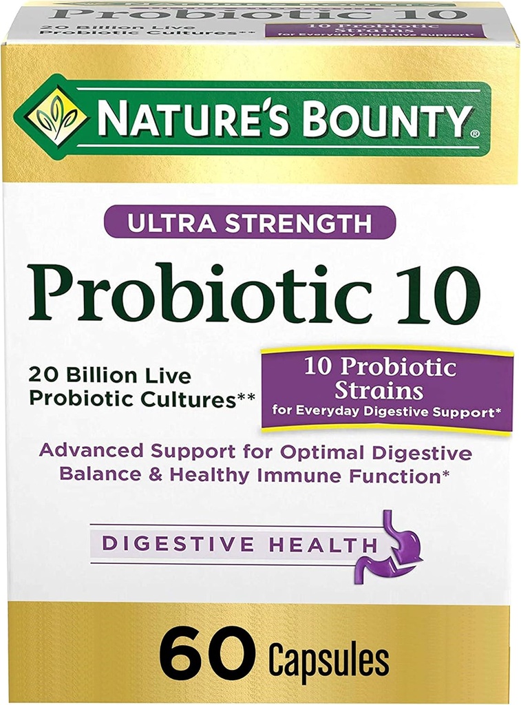 Nature's Bounty, Ultra Strength Probiyotik 10, Immune Health & Digestive Balance, 60 Capsules