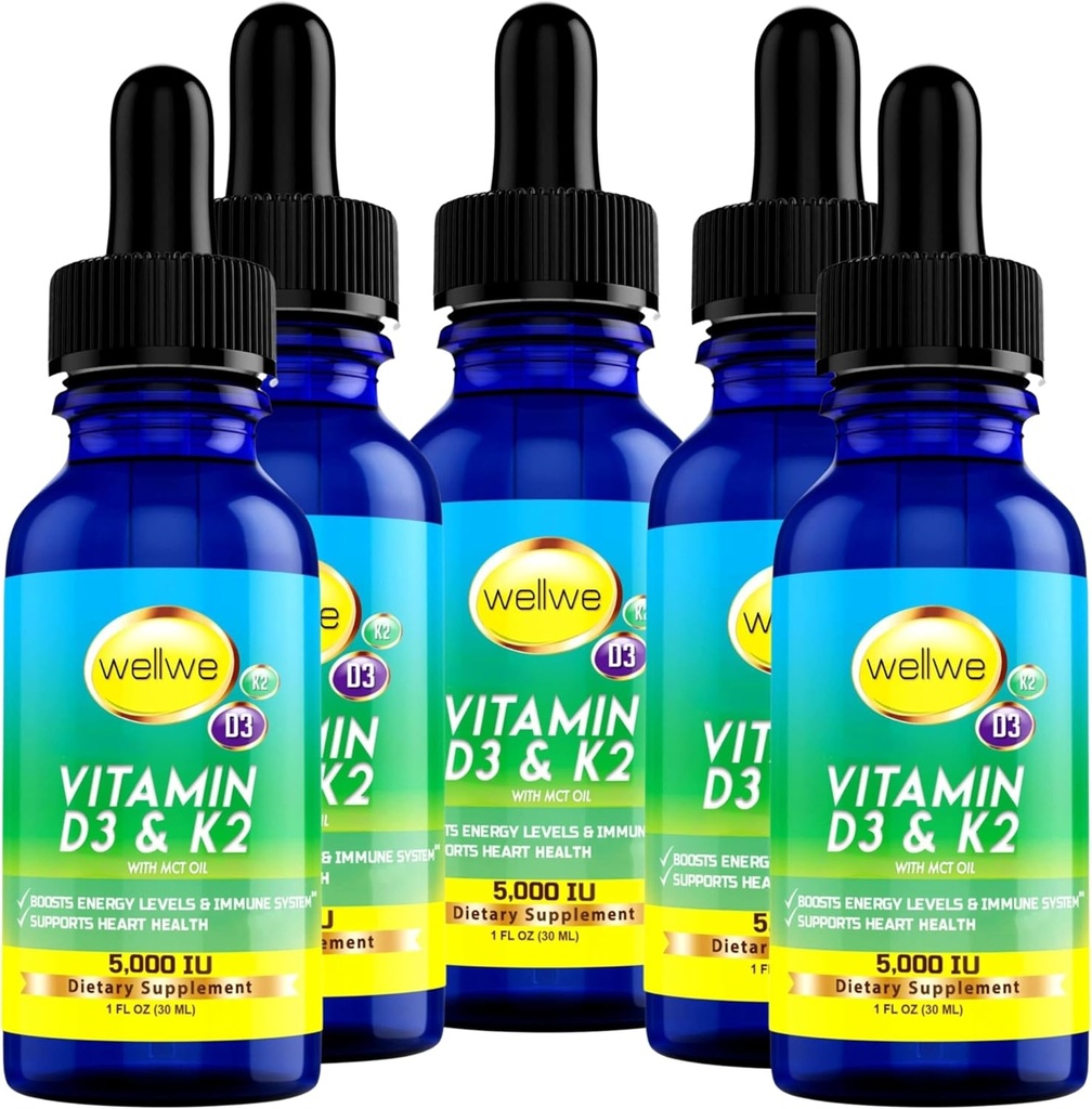 Sıvı D3 K2 5000 IU - Vegan, Hayır, Hayır Odor, Soy-Free, Gluten Free, Non-GMO, 1000 I per Drop, Boosts Energy Levels & Immune System, Supports Heart Health (5 Pack)