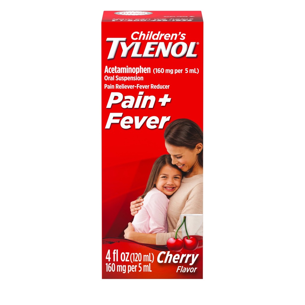 Çocuk Tylenol Liquid Oral Suspension Medicine, Acetaminophen Pain Reliever & Ateşleme, aspirin-, Ibuprofen- & Alkol Özgür, Cherry, 4 Fl. Oz