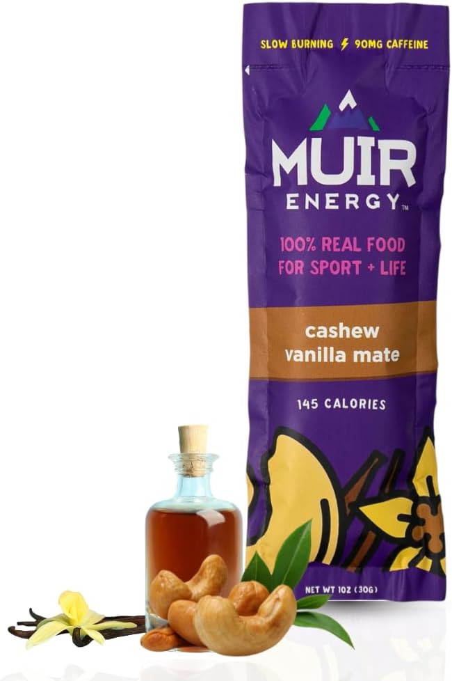 MUIR Cashew Vanilla Mate Real Food Energy Gel - 10 Kont | Organik Vegan Paleo Non-GMO Gluten-Free Slow Comb Endurance Gel | Cyclists & Athletes | No Yapay Flavors
