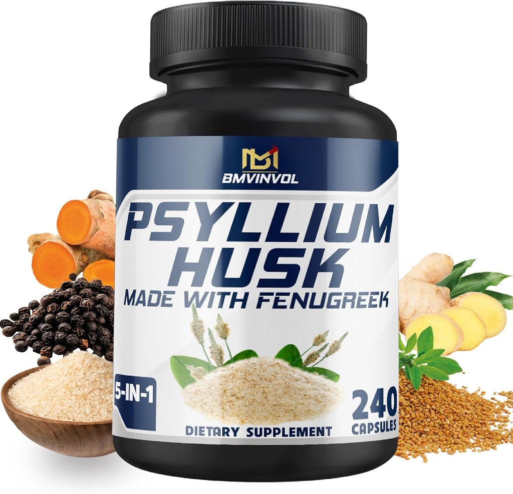 BMVINVOL Psyllium Husk Capsules Fiber Supplement with Fenugreek, Turmeric, Ginger, Black Pepper - Support Digestive System, Intestinal Health - 4 Ay Supply