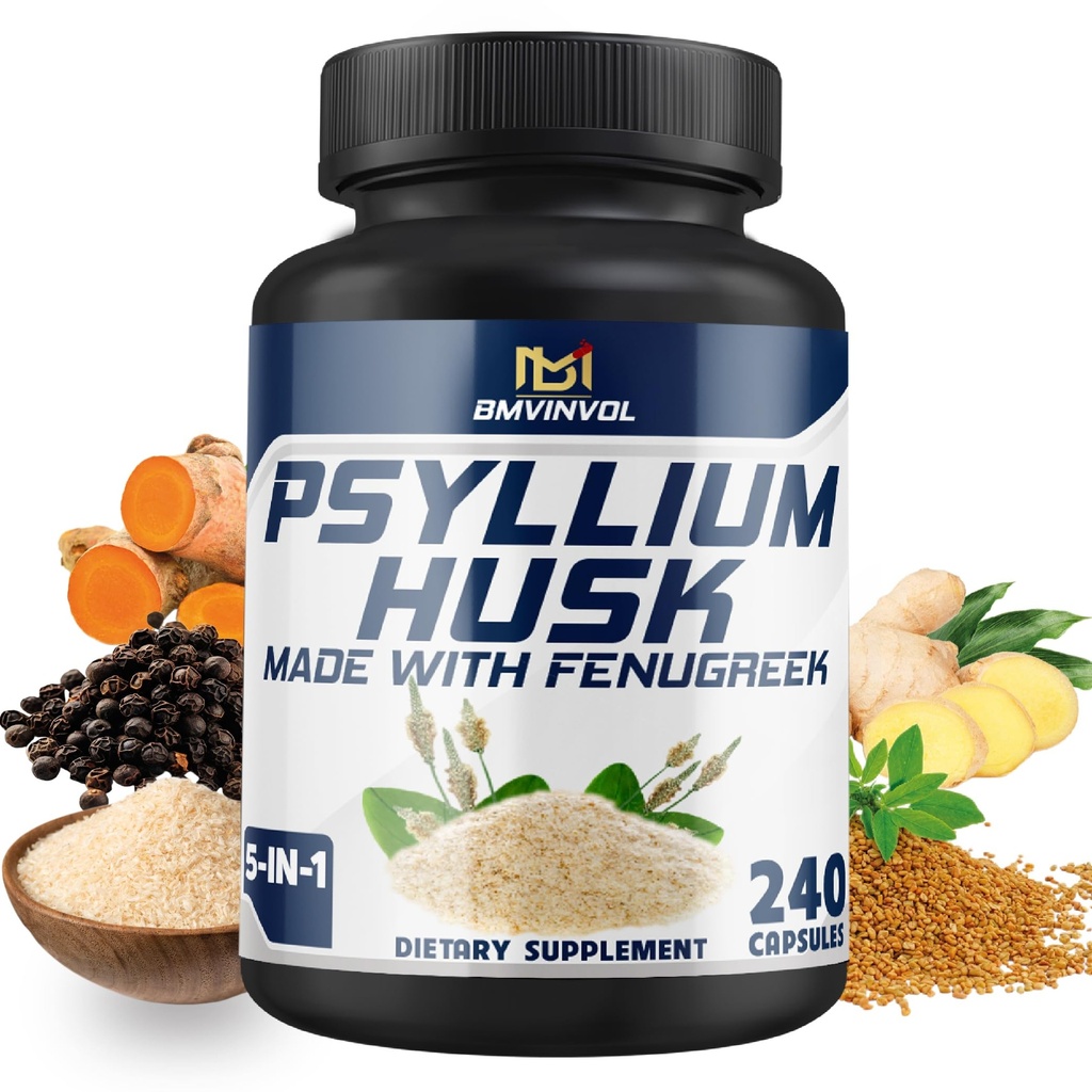BMVINVOL Psyllium Husk Capsules Fiber Supplement with Fenugreek, Turmeric, Ginger, Black Pepper - Support Digestive System, Intestinal Health - 4 Ay Supply