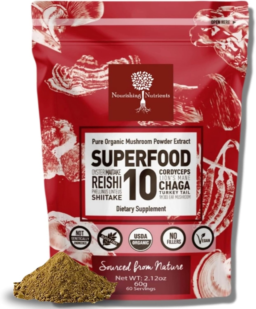 Organic Mushroom Powder Extract -Superfood 10 Συμπλήρωμα 14x Stronger 100% Pure USDA Immunity Booster- Reishi, Chaga, Cordyceps, Shiitake, Lions Mane, Turkey Tail and More. Προσθήκη στον καφέ / Tea 60 γραμμάρια