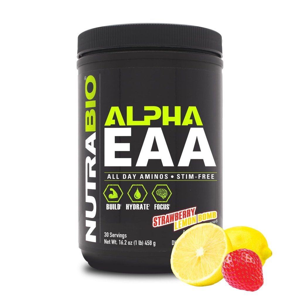 NutraBio Alpha EAA - All-Day replicas for Muscle growth and Hydration - Essential Amino Asits with Nootropics & Adaptogens- Full Spectrum EAA BCAA Toz - 30 Hizmet - Strawberry Lemon