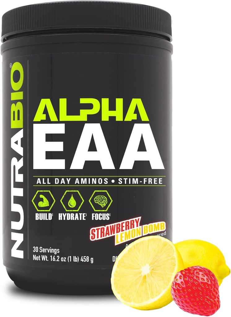 NutraBio Alpha EAA - All-Day replicas for Muscle growth and Hydration - Essential Amino Asits with Nootropics & Adaptogens- Full Spectrum EAA BCAA Toz - 30 Hizmet - Strawberry Lemon