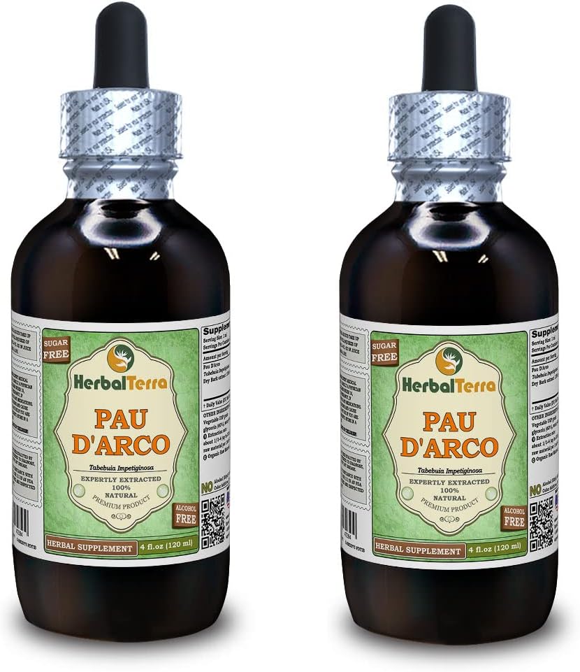 PAU d'arco (Tabebuia Impetiginosa) Γλυκερίτης, Αποξηραμένο Φλοιό Υγρό Εκχύλισμα Χωρίς Αλκοόλ (Όνομα: HerbalTerra, Περήφανα Κατασκευασμένο στις ΗΠΑ) 2x4 fl.oz (2x120 ml)