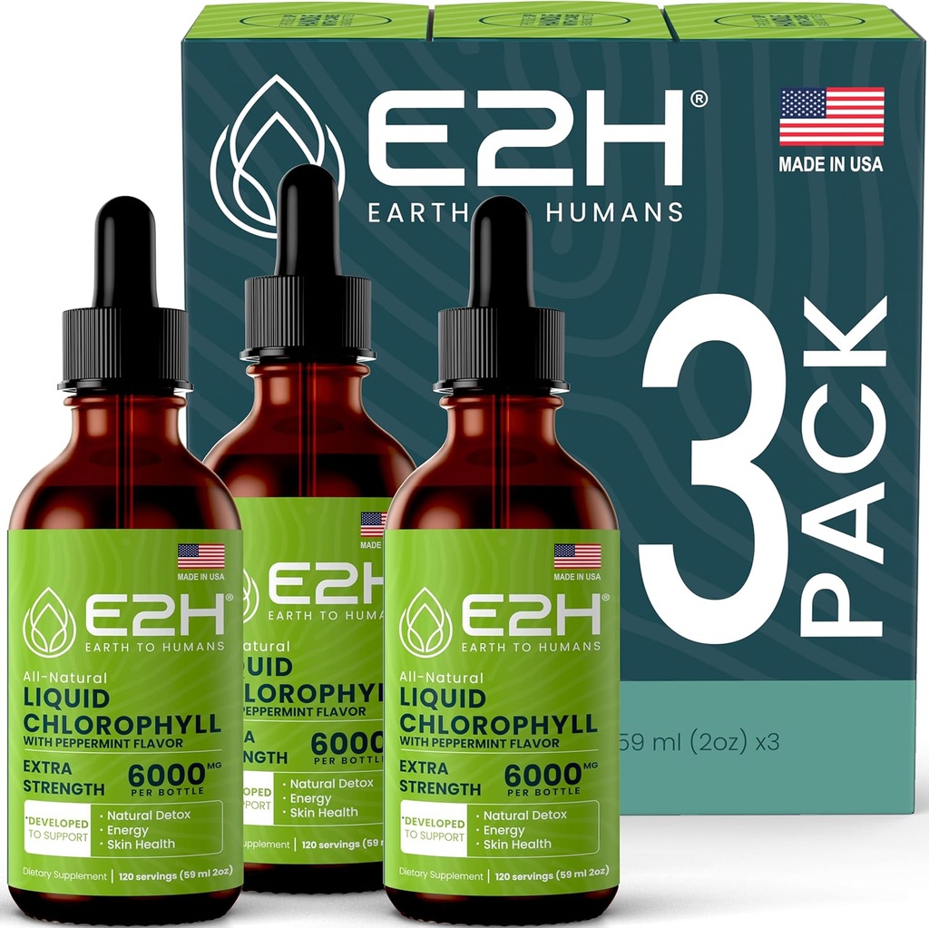 E2H Chlorophyll Liquid Drops - Natural Energy Branson, Immune System Support and Internal Deodorant - Peppermint Flavor - (3 Şişe)