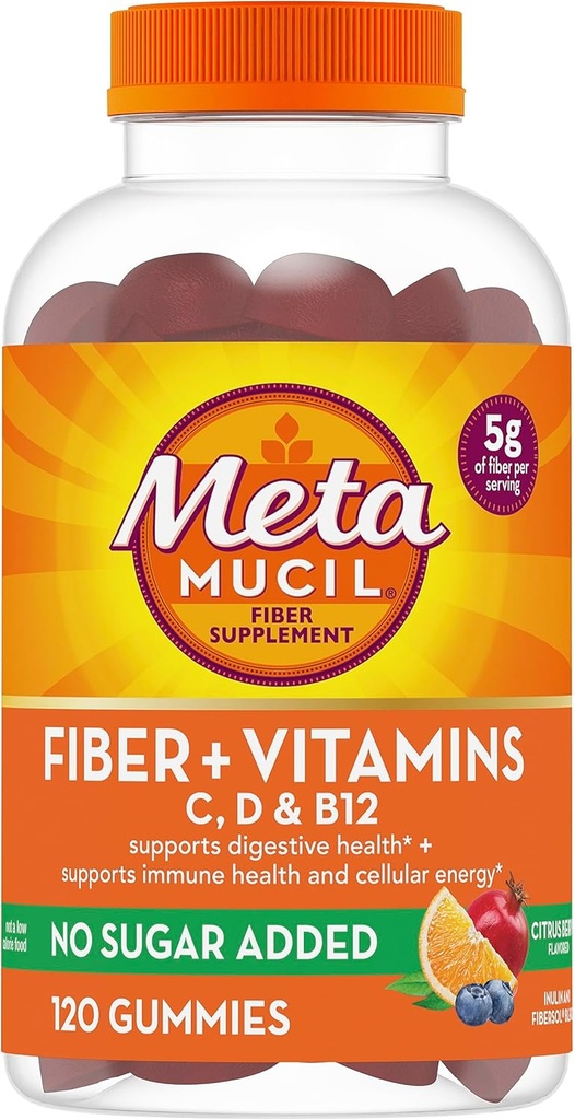 Metamucil Fiber Gummies για Ενήλικες με Βιταμίνες C, D, B12 για Μεταβολισμό, Χωρίς ζάχαρη Προστέθηκε Citrus Berry Flavor, 5g Plant Based Prebiotic Fiber Supplement Blend, 120 Count