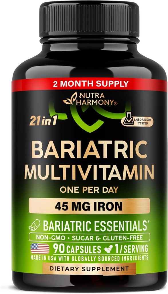 Bariatrik Multivitamin - 45 mg Iron Supplements - ABD'de - Kadınlar ve Erkekler için - All-in-One, 21 Essential Vitaminler - Gastrik Kol Desteği - Şeker, Gluten & Soy - 90 Capsules, Once Daily