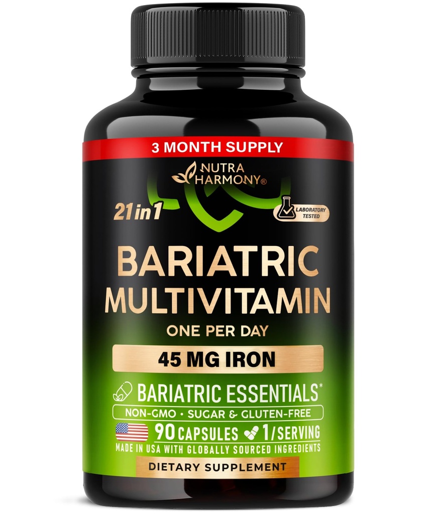 Bariatrik Multivitamin - 45 mg Iron Supplements - ABD'de - Kadınlar ve Erkekler için - All-in-One, 21 Essential Vitaminler - Gastrik Kol Desteği - Şeker, Gluten & Soy - 90 Capsules, Once Daily