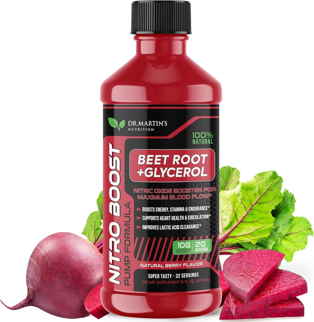 DR. MARTIN'S NUTRITION NitroBet 12,000mg Beet Root + Γλυκερόλη για τη ροή του αίματος, Αντλίες & Αντοχή 