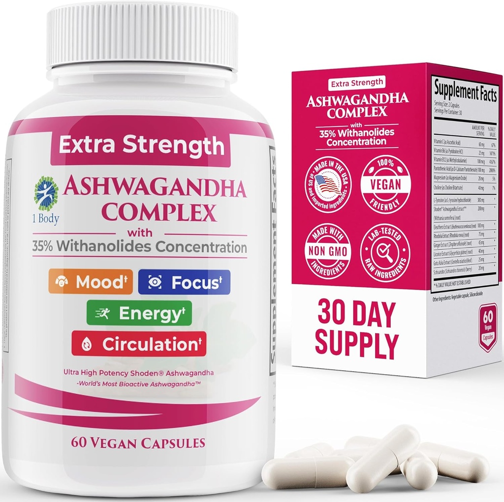 100% Natural Shoden Ashwagandha Kompleksi Supplement - Ultra High Potency 35:1 Uyku ve Enerji Desteği için Yoğun Kök Takdiri - Vegan, Non-GMO - 60 Ashwagandha Capsules