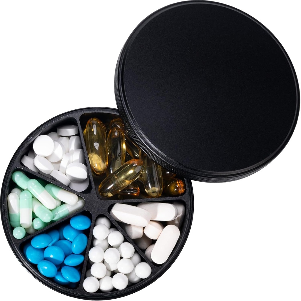 Pill Organizer 6 Karşılaştırmalı - Ağır Duty Metal Günlük Pill Vakası, Büyük Pill Konteynerleri, Su İlaçları Vitamin Tamam Tıp Balık Yağları için Pill Box, 0.38lb, Black