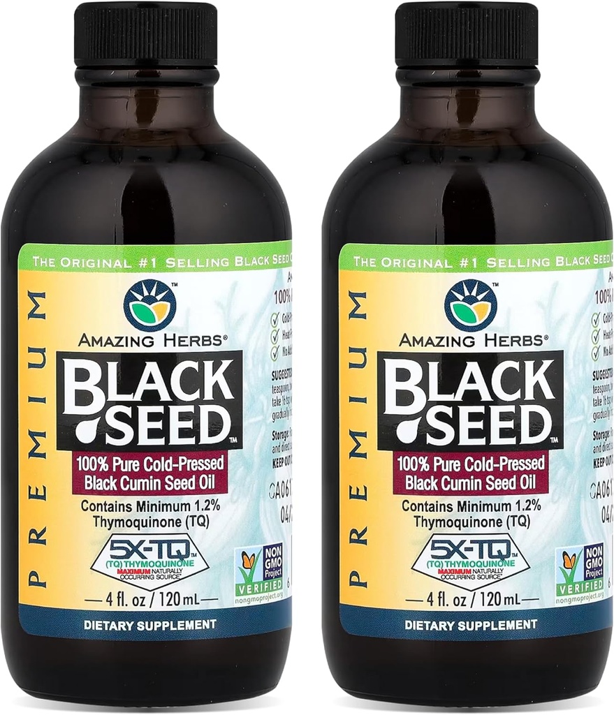 Amazing Herbs Premium Black Seed Oil - Χωρίς γλουτένη, Μη ΓΤΟ, Ψυχρό Πιέζεται Nigella Sativa Aids σε Digestive Υγεία, Ανοσοποιητική Υποστήριξη, λειτουργία του εγκεφάλου, Κοινή Κινητικότητα - 4 Fl Oz (Pack of 2)