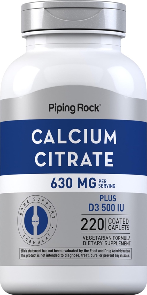 D3 vitamini ile Piping Rockdis Citrate with Vitamin D3 | 630 mg | 220 Caplets | Supplement for Women and Men | Vegetarian, Non-GMO, Gluten Free