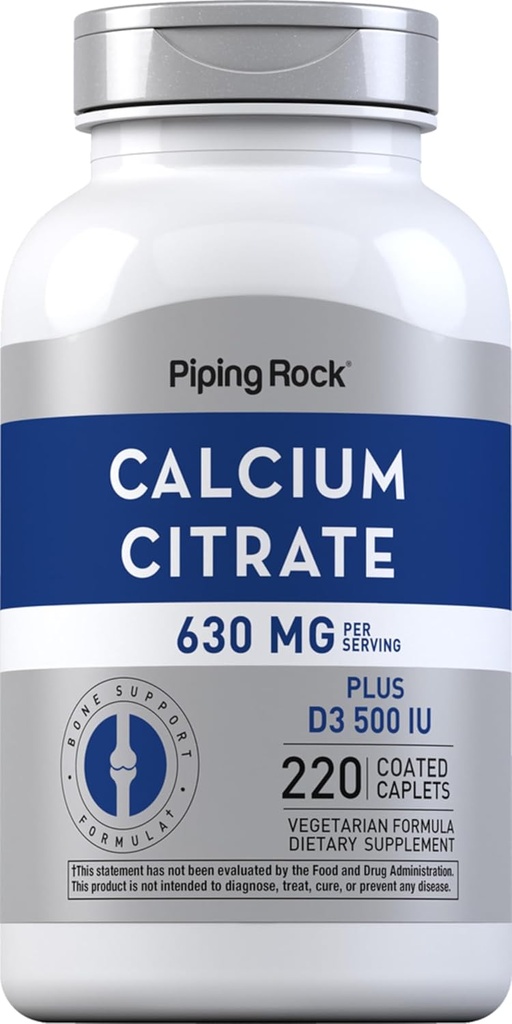 D3 vitamini ile Piping Rockdis Citrate with Vitamin D3 | 630 mg | 220 Caplets | Supplement for Women and Men | Vegetarian, Non-GMO, Gluten Free