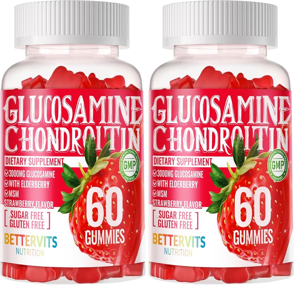 Glucosamine Chondroitin Gummies with MSM & Elderberry Extra Strength - Ortak Destek, Antioksi Immune Support Supplement for Yetişkinler, Men & Women. 120 Strawberry Gummies