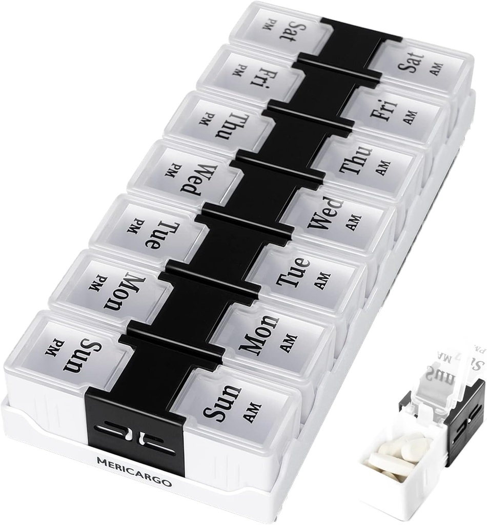 MERICARGO Weekly Pill Organizer 2 Times a Day, Easy Open Travel Pill Box, Am Pm Pill Organizer 7 Day for Medicine, Vitamins, Fish Oils and Supplements
