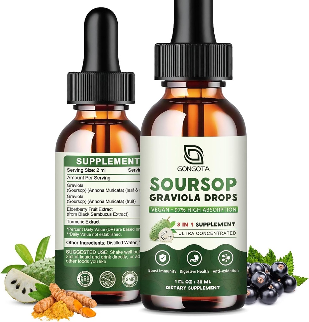 Soursop Graviola Leaf Extract Drops for Cellular Support, Antioxy, Liver, Digestive Support, Vegan Soursop Bitters Drops, Herbal Essence, Sugar Free/Gluten Free, Natural Flavor - 2 fl ozz