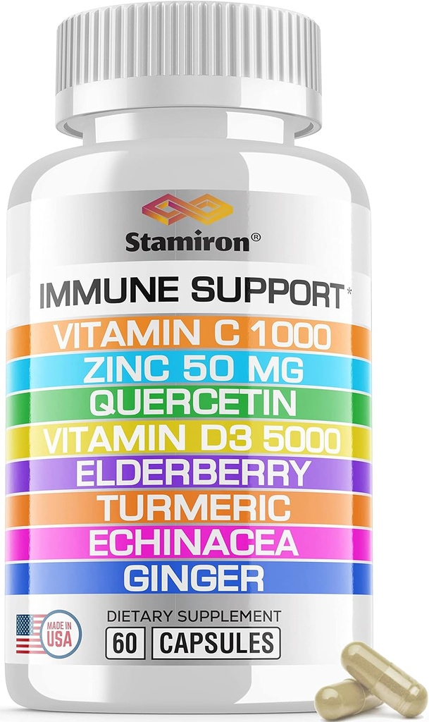 8 in 1 Immune Support with Quercetin Çinko 50mg Vitamin C 1000 mg D3 5000 I and Elderberry Echinacea Ginger for Yetişkinler Kids - VIT D Supplement Veg Capsules