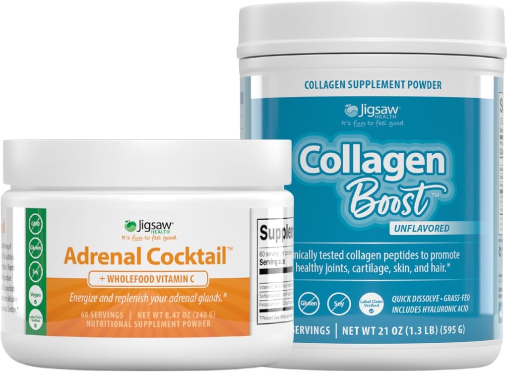 Jigsaw Health Sche | Adrenal Cocktail, 60 Hizmet (Jar), ve Collagen Boost, 30 Hizmet (Jar)