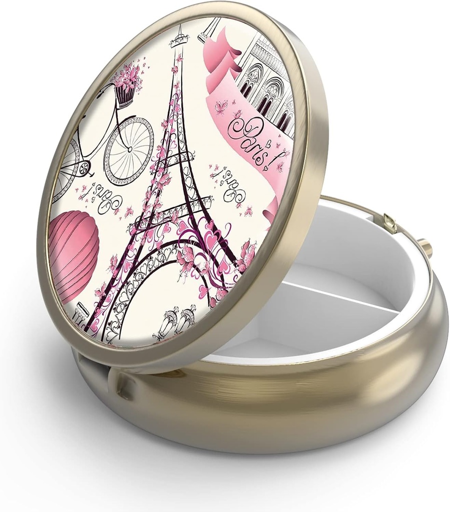 Pill Case Pill Box with Mirror Retro 3 Retment Small Pill Case for Purse or Pocket Bronze Small Roud Pill Box or Vitamins, Fish Oil, Supplements, Pill Containe Travel Armağan(Paris Tower)