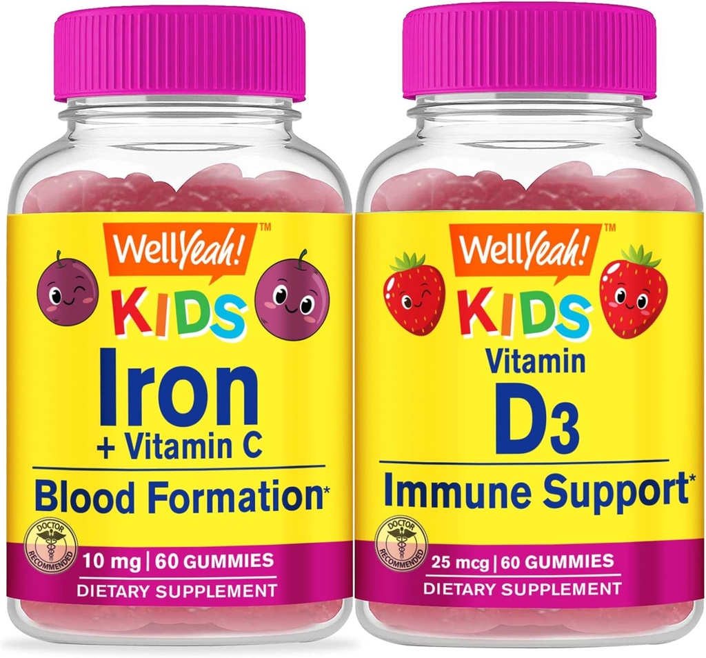 WellYeah Iron + Vitamin C Kids + Vitamin D3 Kids, Gummies Bundle - Μεγάλη γεύση, συμπλήρωμα βιταμίνης, χωρίς γλουτένη, GMO δωρεάν, Μασώμενο Gummy