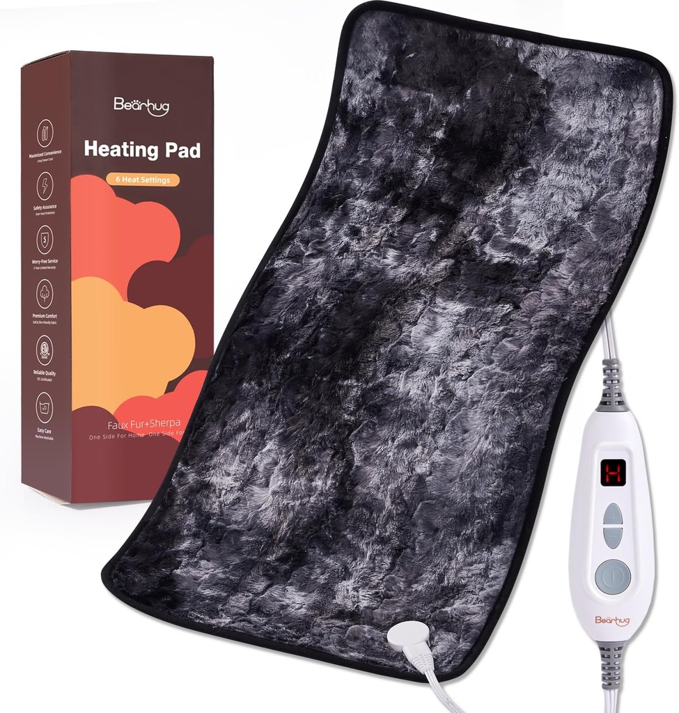 Bearhug XXL Electric 17'x33' Double-Sided Faux Fur Isıtma Pad, 6 Heat Levels, 2 Saat Auto-Off, Moist & Kuru Heat Therapy for Back Pain Relief, Machine Washable, ETL sertifikalı - Hediye Box