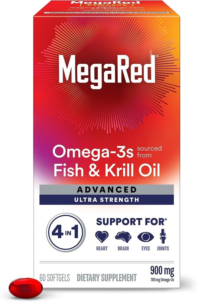 MegaRed Advanced 4in1 900mg, 120 softgels Value Pack (2 Bottles x 60 Each) - Concentrated Omega-3 Fish & Krill Oil Supplement