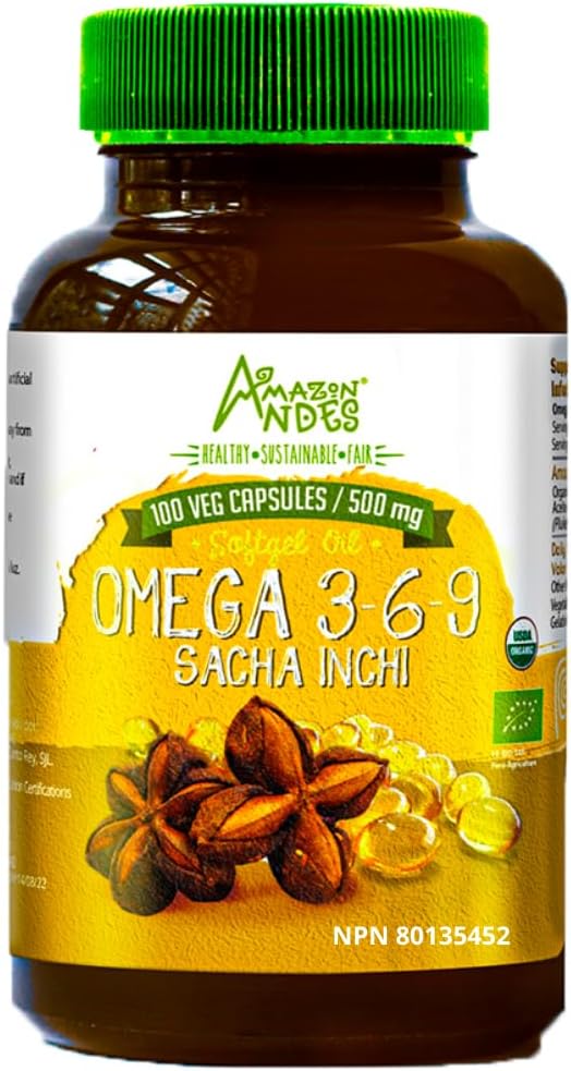Vees Sacha Inchi Oil Capsules - omegas 3, 6 ve 9 - Essential Fatty Acids - Vegan, Non-GMO, Allergen-free & Gluten Free - 100 Softgel Pills (500 mg) - Peru'da Made in Peru