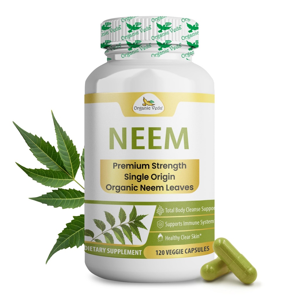 Organik Veda Neem Capsules, 1000 mg - Organik Herbal Supplement Ayurvedic India Neem Leaf Toz - Destekler Radiant Skin, Immune, Detox, Sağlıklı Inflammatory Cevap - 120 Veggie Capsules