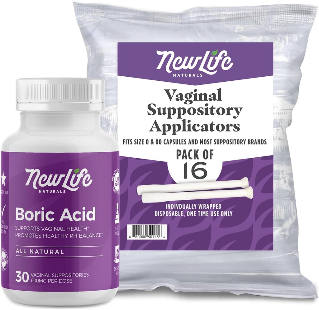 YeniLife Naturals Boric Acid Vaginal Suppositories 600 mg (30 Pack) 16 Applicers - pH Dengesi, Feminine Health ve Intimate Wellness - ABD'de Made in USA