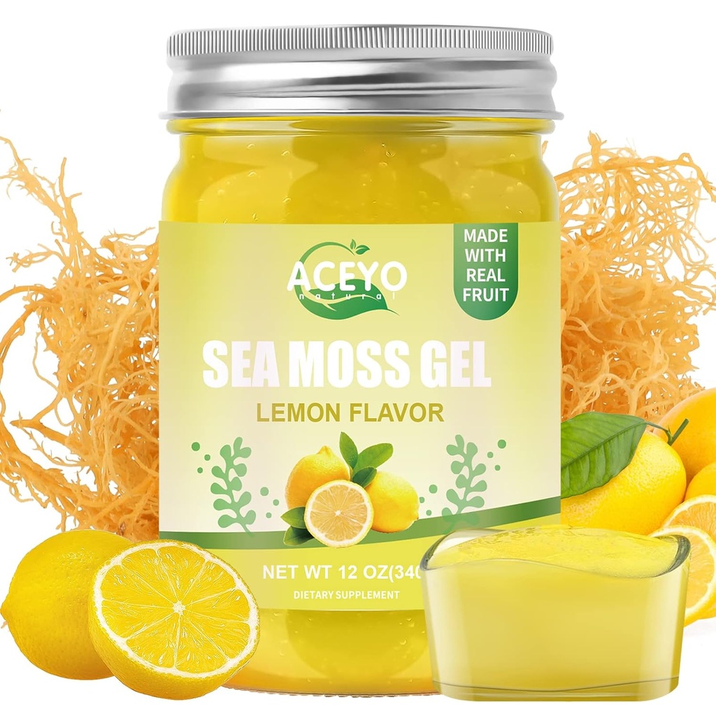 ACEYO (12 OZ) İrlandalı Deniz Moss Gel Organik Raw Vegan Lemon Flavor 102 Vitamin ve Minerals Wild Harvested Non-GMO Immune Defense Branson Yourroid Digestive Support Support