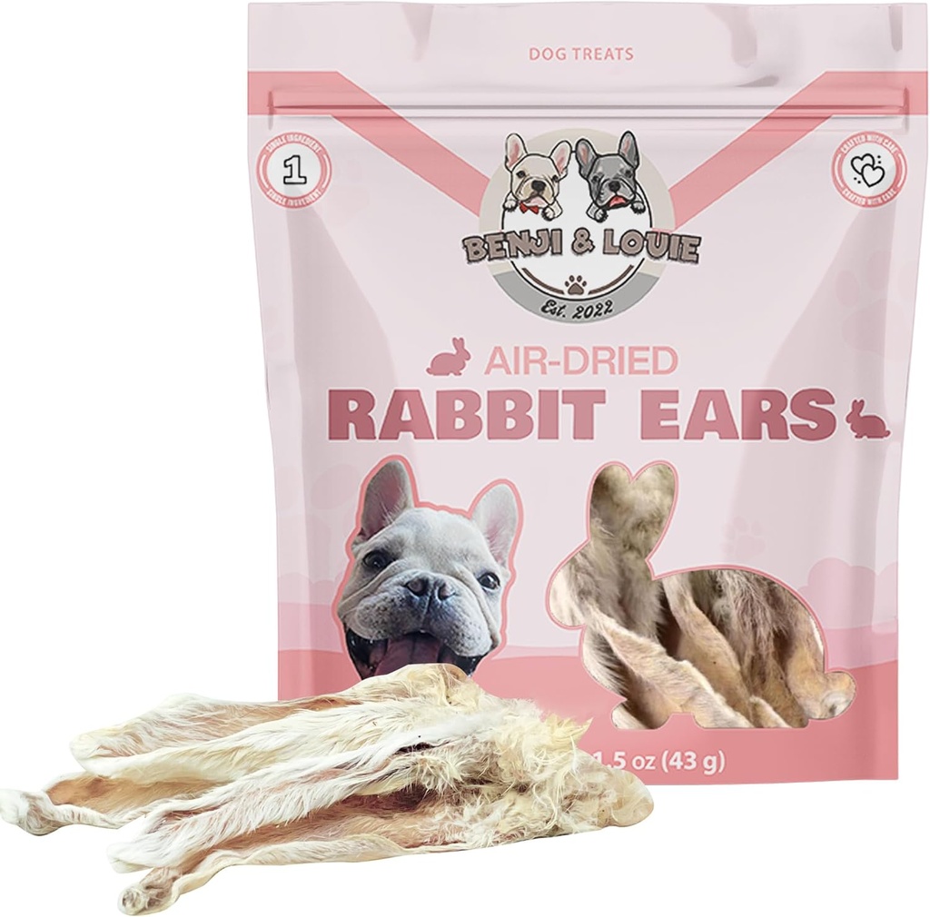 Benji & Louie Air Whole Rabbit Ears with Fur - Doğal Sağlıklı Köpek Tedavileri veya Köpek Chews, Single Materials, 1.5 oz, 4 ila 6 Kont
