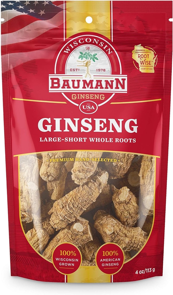 Baumann Wisconsin Ginseng Whole Roots - Μεγάλη Σύντομη (4 oz.) - 100% Φυσικό Wisconsin Grown Panax Ginseng Herb - Καθαρό Αποξηραμένο Αμερικάνικο Ginseng με Αντιοξειδωτικό Ginsenosides για Ενισχυμένη Εστία & Ενέργεια