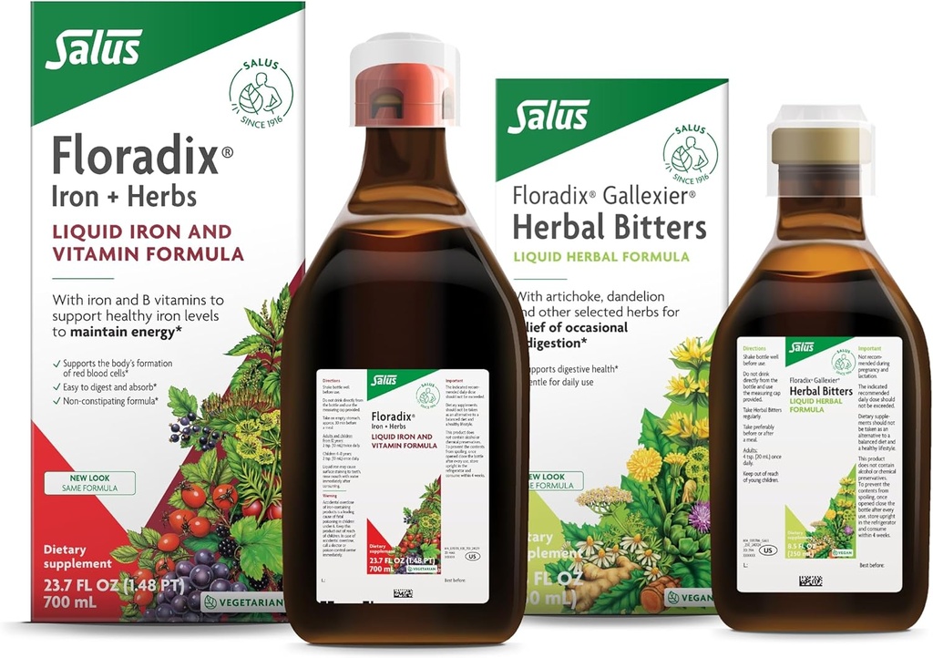 Salus Gallexier Herbal Bitters (8.5 oz) & Iron & Herbs (23.7 oz) Sche - Herbal Bitter for Digestive Support* - Sağlıklı Enerji Desteği için Demir Supplement*